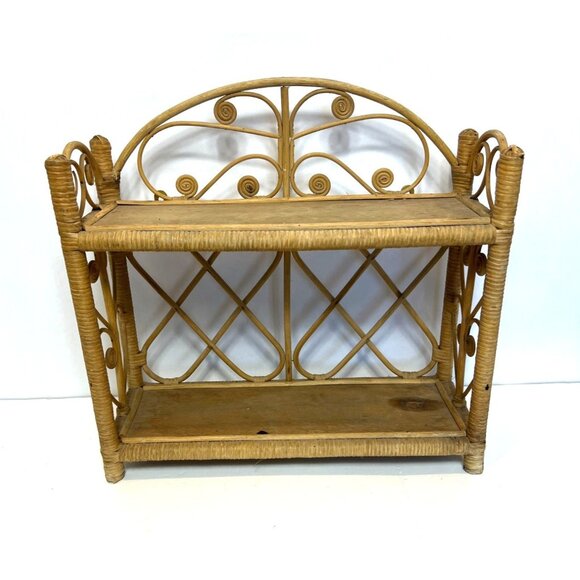 Vintage 1970s Rattan Wicker Wall Mounted Standing 2-Tier Shelf Spiral Scroll - Picture 1 of 11